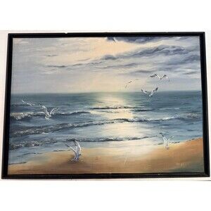 Ruth Vill Original Seascape Oil Painting Large VTG Framed Ocean Beach Art Signed